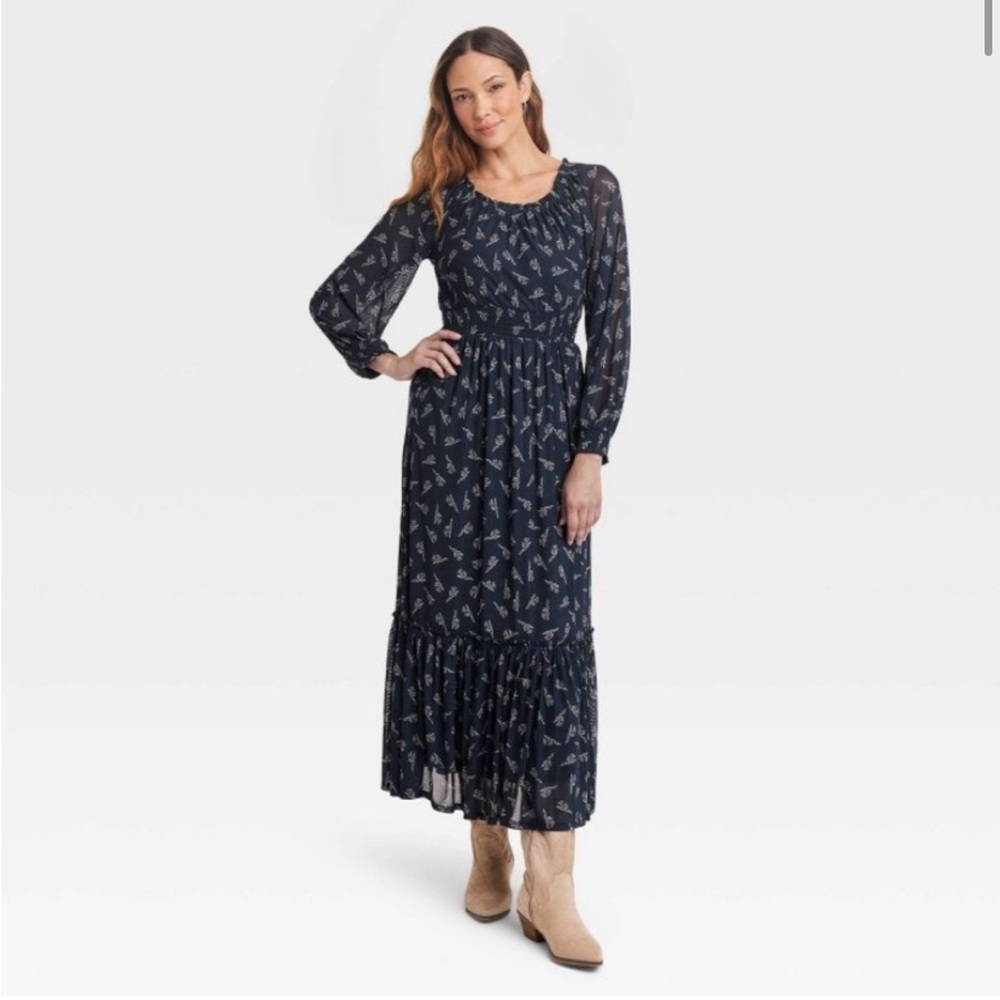 Knox Rose Maxi Dress Blue Floral Mesh Sleeves Size L EUC